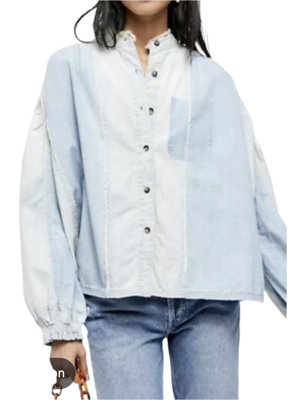 We The Free Set Sail faded light blue denim  distressed button up